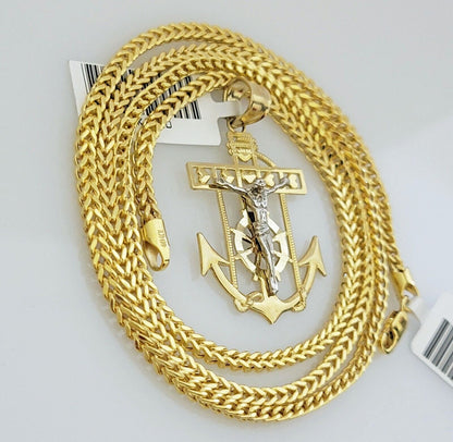 Real 10k Gold Franco Chain Anchor Cross Charm pendant Set 2.5mm Necklace 20 Inch