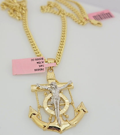 Real 14k Gold Pendant Chain SET Miami Cuban Link 5mm 26" Necklace Anchor Charm