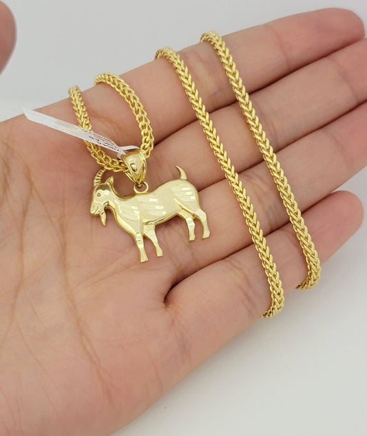 Real 10k Gold Franco Chain GOAT Charm pendant Set 2.5mm Necklace 22 Inch Men's