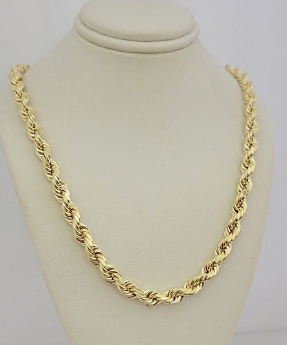 10K Yellow Gold Rope Chain Necklace 7mm 26 Inch REAL 10kt Diamond Cuts, Men's
