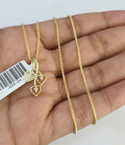 10K Solid Franco Chain Hearts Pendant Charm Necklace 16"-22" 1mm Gold Ladies