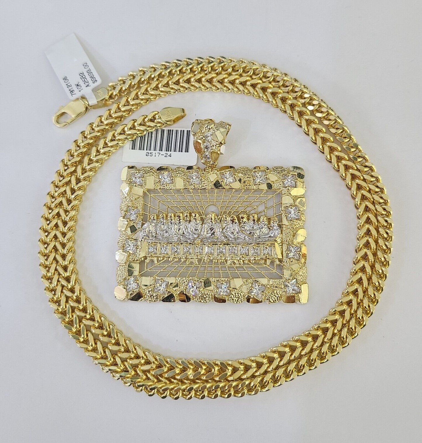 Real 10K Gold Franco Chain Last Supper Pendant Charm Necklace 20"-26" 5mm Gold SET