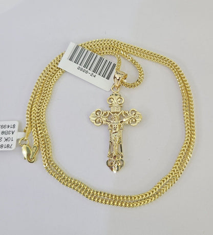 Front view of Jesus cross pendant necklace in 10K gold with Franco chain