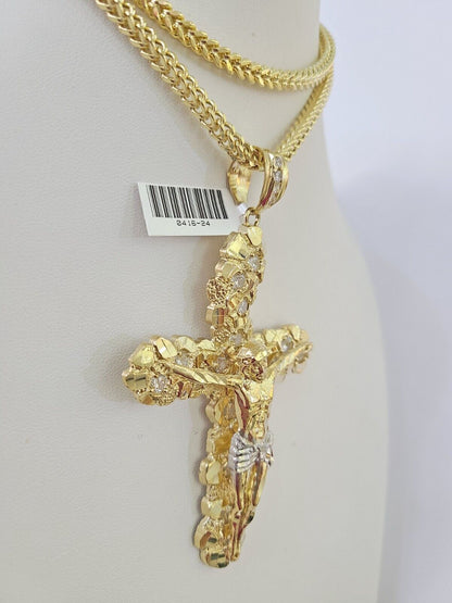 Full display of 10K yellow gold Franco chain with Jesus crucifix pendant