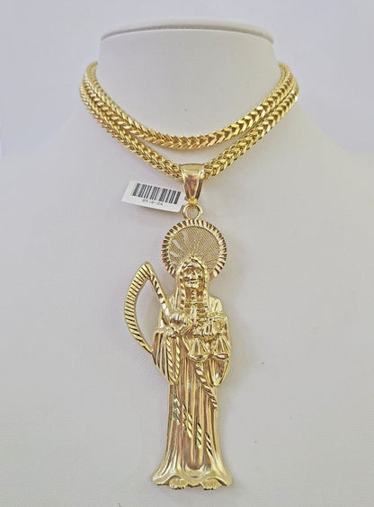 Full display of 10K yellow gold Franco chain with Saint Reaper pendant