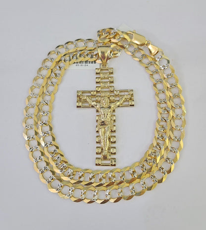 10k Gold Chain Cross Charm Solid Cuban Curb Necklace 9mm 20"-30" Diamond Cut SET