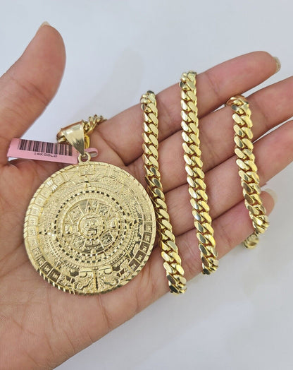 Real 14k Solid Chain Mayan Calendar Charm Set Miami Cuban Link 6mm Necklace