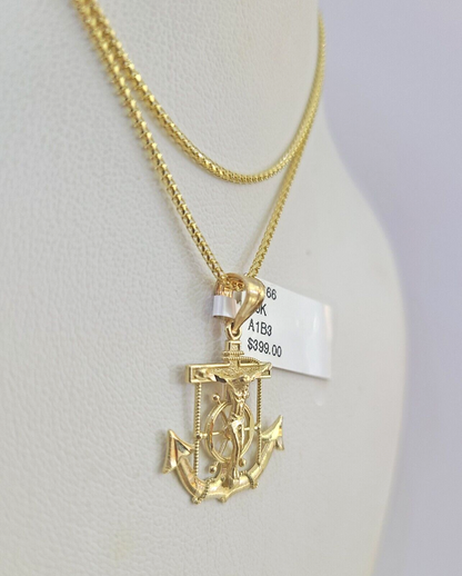 10K Solid Franco Chain Jesus Anchor Pendant Charm Necklace 16"-22" 1mm Gold