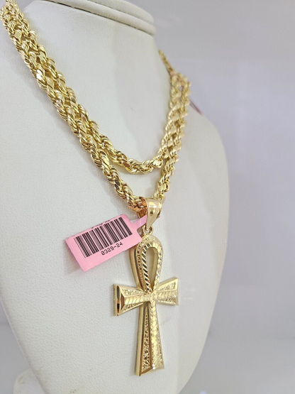 14k Gold Rope Chain Necklace Set 6mm Ankh Cross Charm Pendant 18"-28" inch