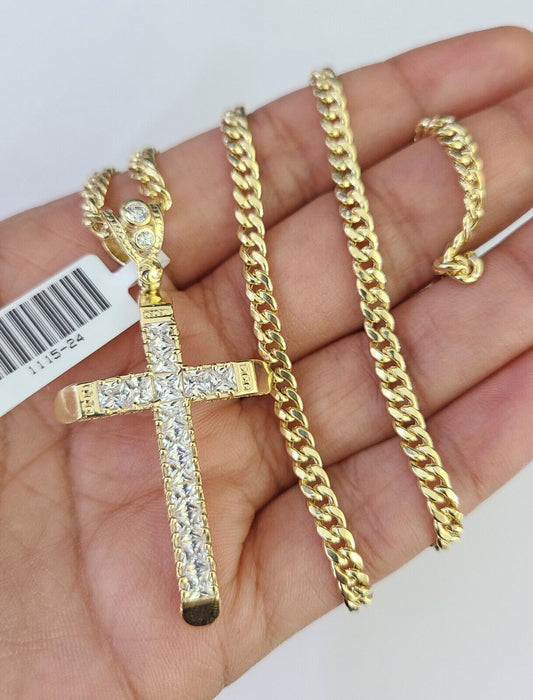 10k Miami Cuban Chain Jesus Cross Charm Set 4mm 18"-28" Necklace Yellow Gold