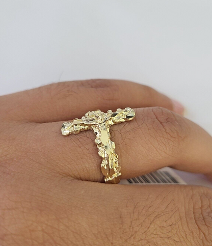 REAL 10K Gold Jesus Cross Nugget Ring Band Style Rings 10Kt Yellow All Sizes