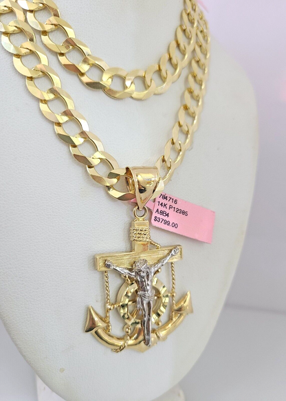 14k Gold Chain Jesus Anchor Charm Solid Cuban Curb 10mm 20"-30" SET Necklace