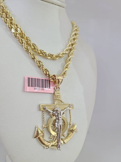 14k Gold Rope Chain Necklace Set 6mm Jesus Anchor Charm Pendant 18"-28" inch