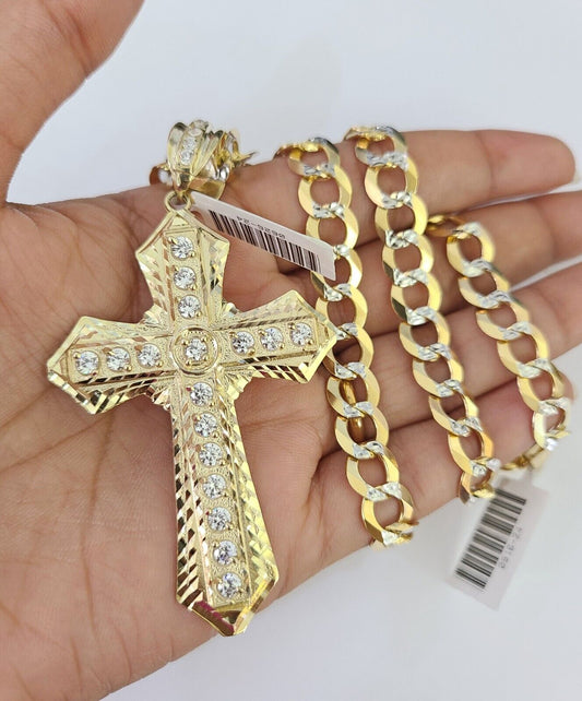 10k gold solid Cuban curb link chain necklace with cross charm by Reva Jeweler