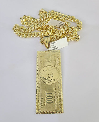 10K Miami Cuban Link Chain 100 Dollar Bill Pendent Charm 8mm 20"-30" Necklace