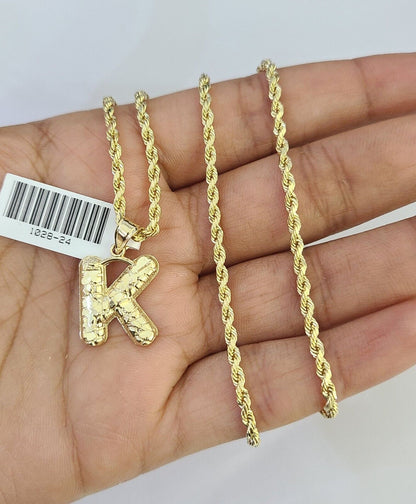 10k Gold Initial K Charm Rope Chain 16"-26" 2.5mm SET Necklace Alphabet Pendant