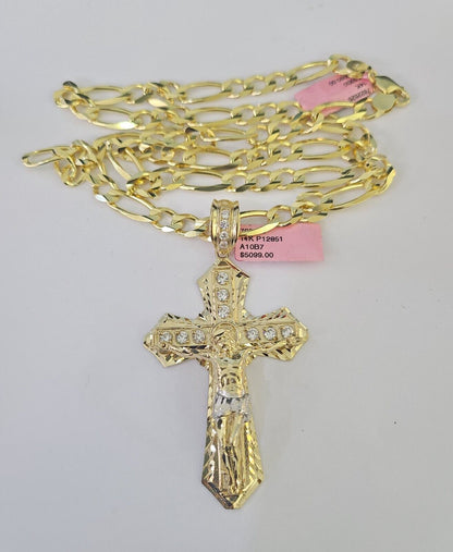 14k Figaro Chain Jesus Cross Charm Pendant Gold 7mm 20-30 inch SET Necklace