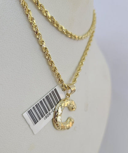 10k Gold Initial C Charm Rope Chain 16"-26" 2.5mm SET Necklace Alphabet Pendant