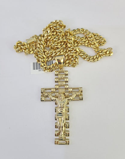 10K Miami Cuban Link Chain Jesus Cross Pendent Charm 6mm 20"-30" Necklace