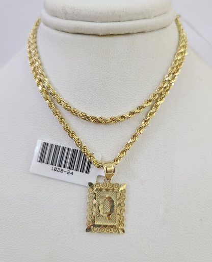 10k Gold Initial Q Charm Rope Chain 16"-26" 2.5mm SET Necklace Alphabet Pendant