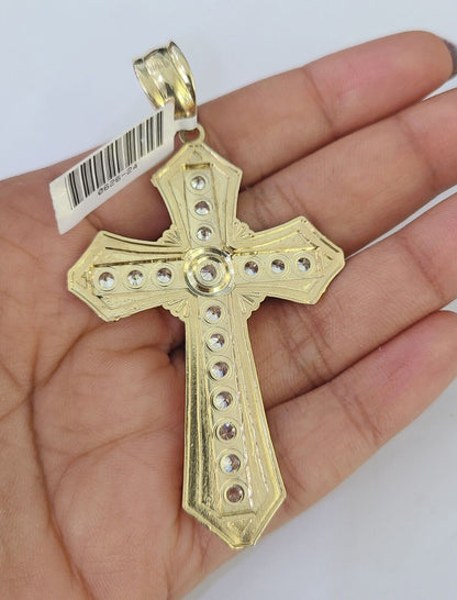 Front view of Jesus cross pendant necklace in 10K gold with Franco chain