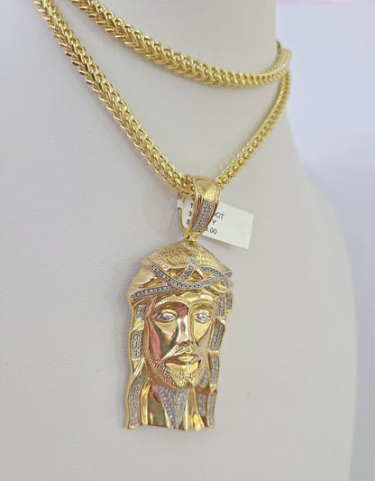 10K Franco Chain Diamond Jesus Head Pendant Charm Necklace 20"-28" 4mm Gold SET