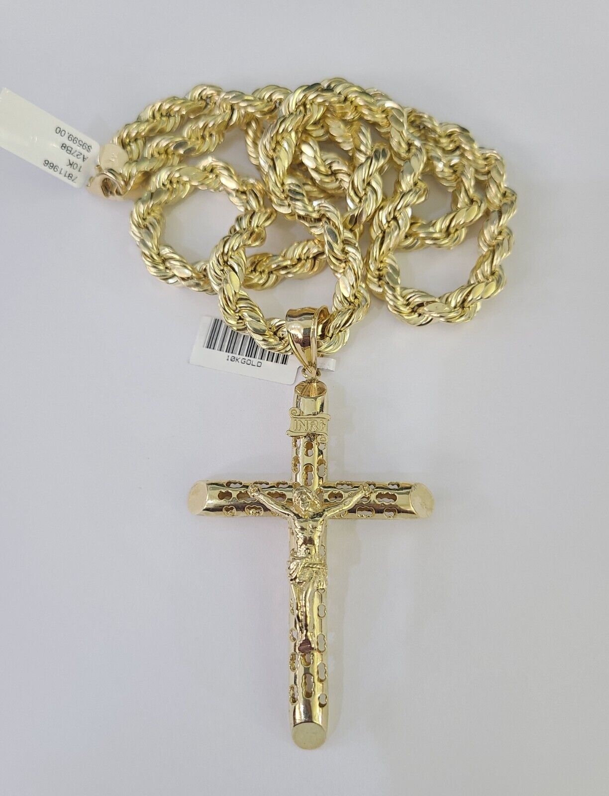 Men's 10K Gold Jesus Cross Charm Necklace 8mm Rope Chain 20–30 Inch Yellow Gold Religious Pendant Set