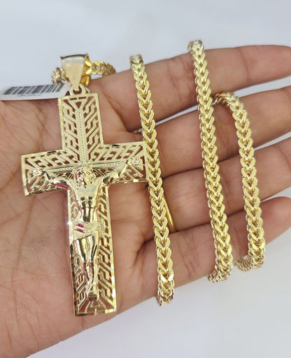 10K yellow gold Jesus crucifix cross pendant and Franco chain necklace by Reva Jeweler