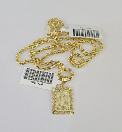 10k Gold Initial I Charm Rope Chain 16"-26" 2.5mm SET Necklace Alphabet Pendant