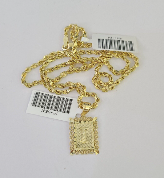 10k Gold Initial I Charm Rope Chain 16"-26" 2.5mm SET Necklace Alphabet Pendant
