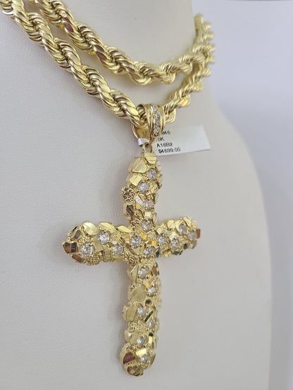 10K Gold Rope Chain Necklace with Jesus Cross Charm 8mm 20–30 Inch for Men Yellow Gold Jewelry