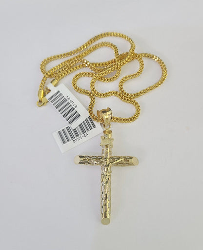 10K Gold Franco Chain Jesus Cross Charm Pendant 20-26 inches 2.5mm REAL Yellow