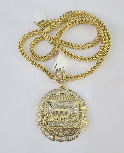 Side angle view of 10K yellow gold Last Supper pendant on Franco chain