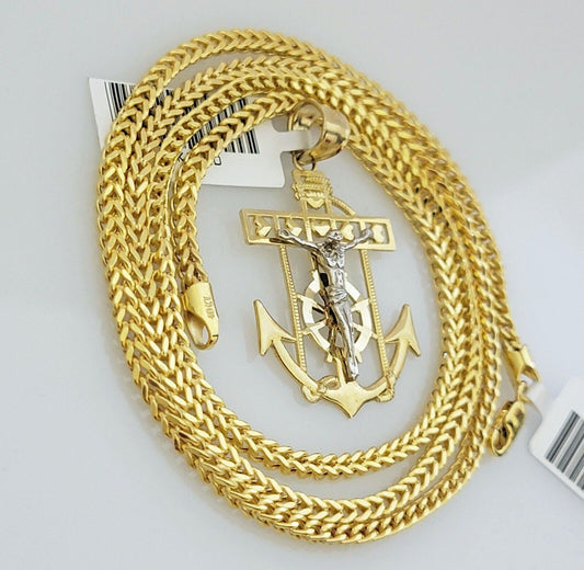 Real 10k Gold Franco Chain Anchor Cross Charm pendant Set 2.5mm Necklace 22 Inch