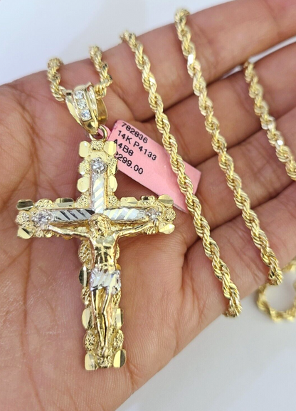 Real 14k Solid Rope Chain Jesus Nugget Cross Charm Set 3mm 18"-26" Necklace Gold