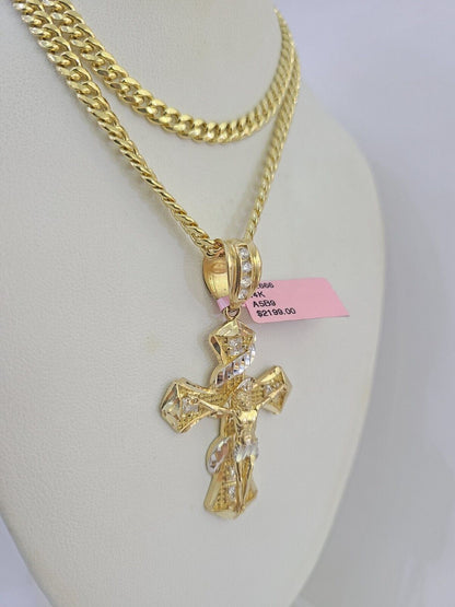 Real 14k Chain Cross Charm Set Miami Cuban Link 5mm 18"-30" Necklace Pendant