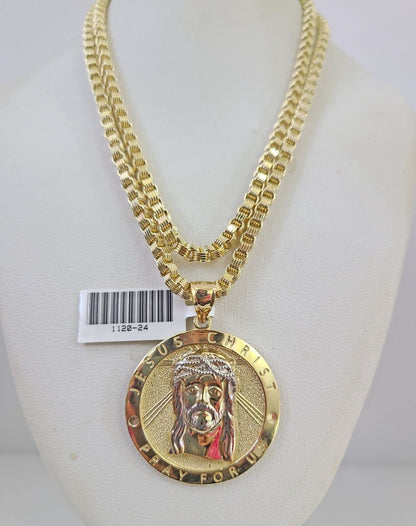 Real 10k Gold Byzantine Chain Jesus Charm Pendant SET 3mm 24 Inch Mens Necklace
