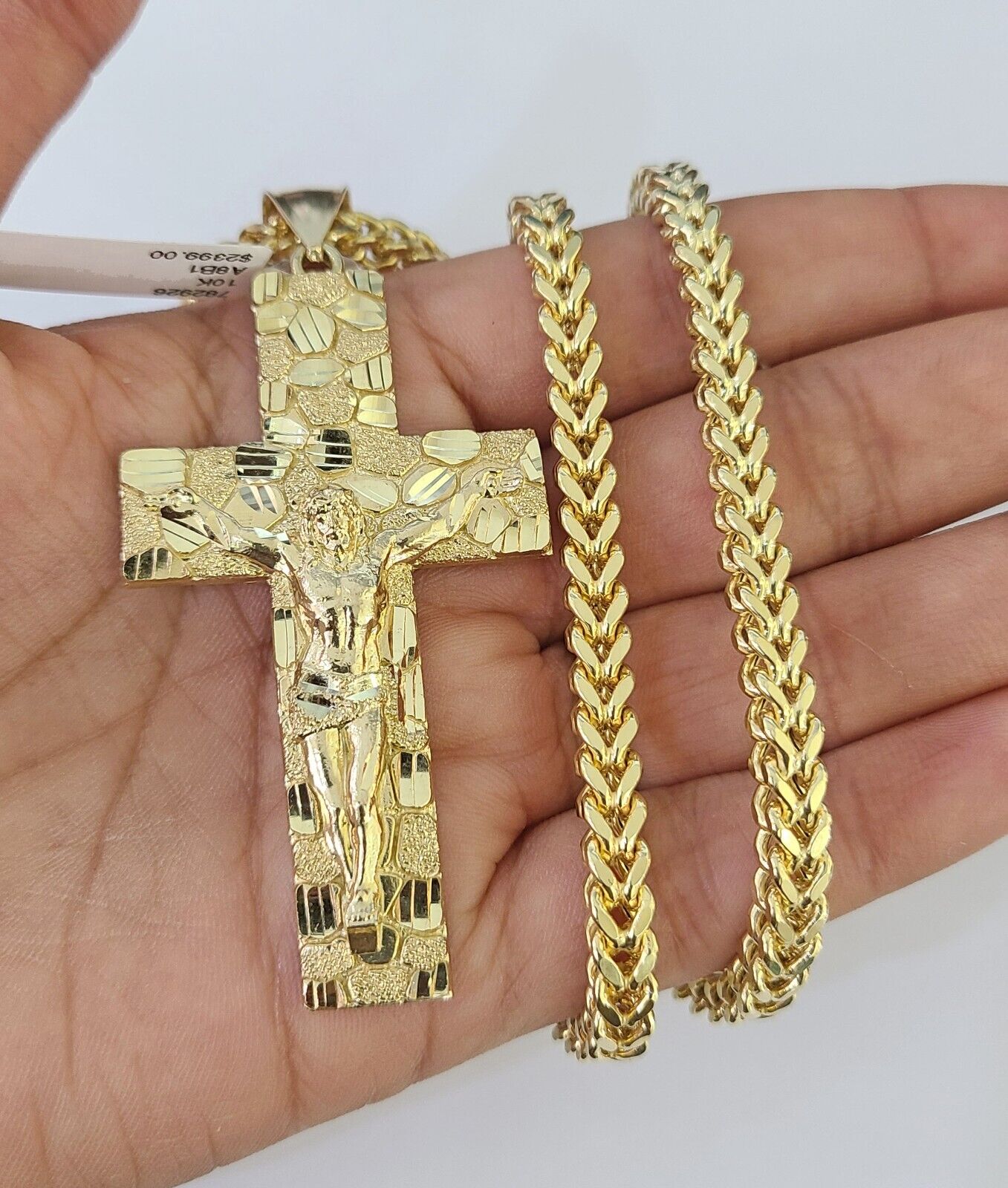 10K gold Franco chain necklace with Jesus cross pendant charm (20–26 inch, 5mm) by Reva Jeweler