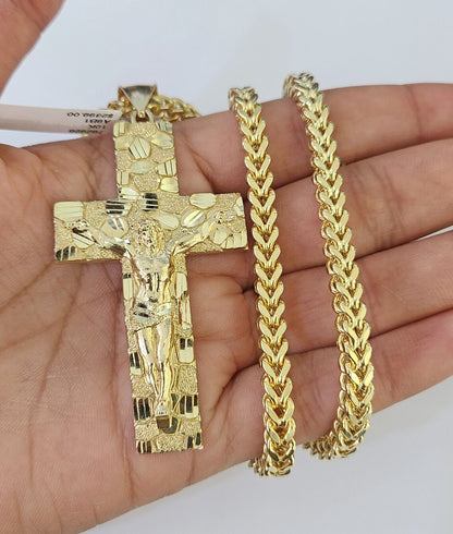10K gold Franco chain necklace with Jesus cross pendant charm (20–26 inch, 5mm) by Reva Jeweler