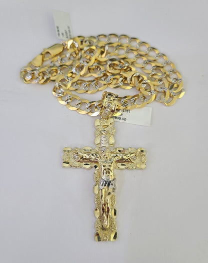 10k Gold Chain Cross Charm Solid Cuban Curb Necklace 9mm 20"-30" Diamond Cut SET
