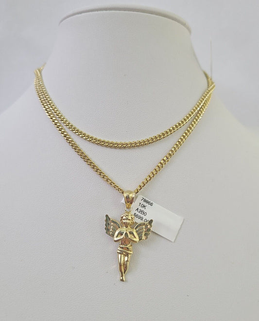 10K Gold Miami Cuban Chain Praying Angel Charm 18"-30" 3mm REAL Pendant