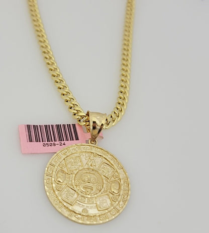 Real 14k Gold Miami Cuban Link Chain Mayan Charm Pendant SET 5mm Necklace 20-28"
