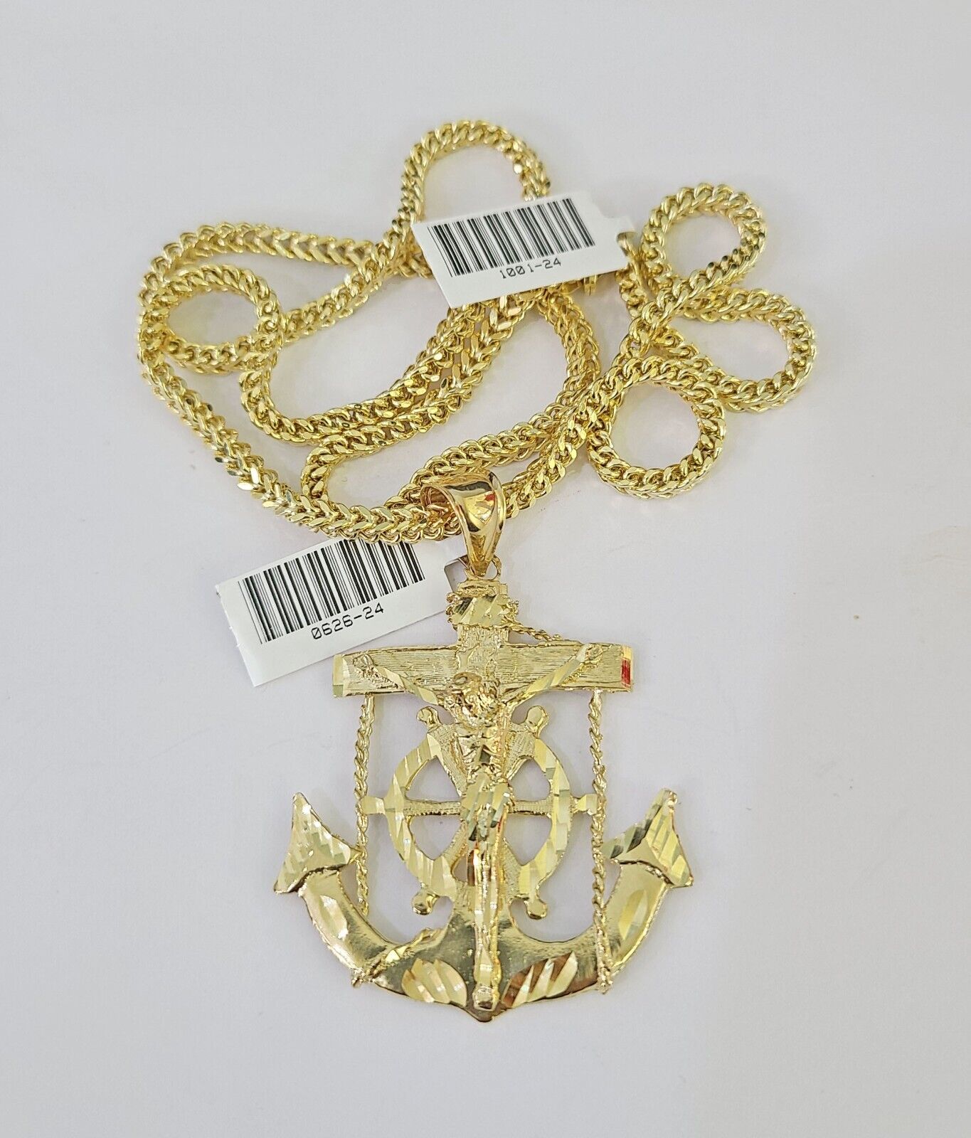 Polished 10K gold Jesus anchor pendant necklace with chain links