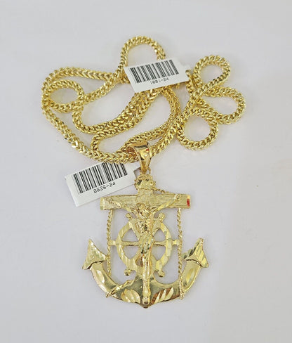 Polished 10K gold Jesus anchor pendant necklace with chain links