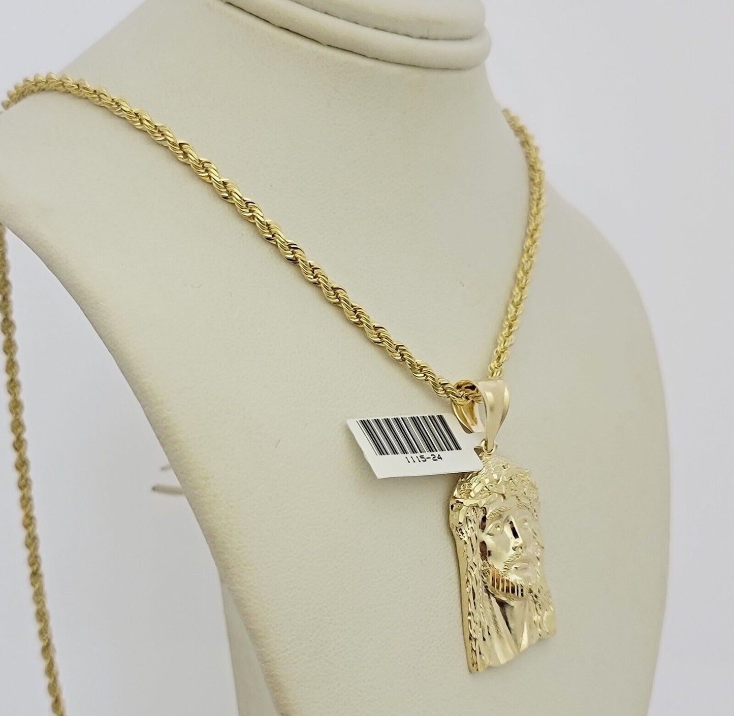 Real 10k Gold Rope Chain Jesus Face Charm Pendant Set 3mm Necklace 24 Inch SOLID