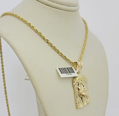 Real 10k Gold Rope Chain Jesus Face Charm Pendant Set 3mm Necklace 24 Inch SOLID