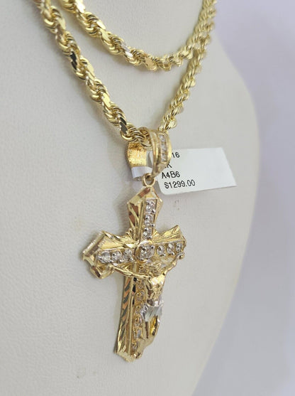 10k Solid Rope Chain Jesus Cross Charm Set 4mm 18"-30" Necklace Gold Pendant