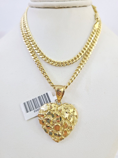 10k Miami Cuban Chain Nugget Heart Charm Set 4mm 18"-28" Necklace Yellow Gold