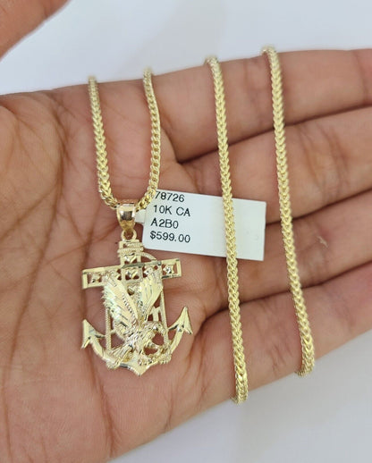 Side angle view of Franco chain necklace featuring eagle anchor pendant