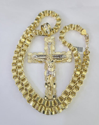 10k Gold Byzantine Necklace Jesus Cross Charm Pendant 20"-30" 8mm REAL SET Chain